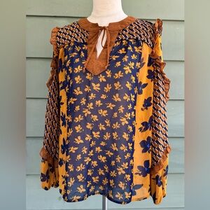 CAbi Blue and Orange Ruffled Tie Front Blouse